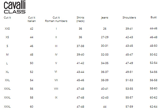 Cavalli class 2025 size guide