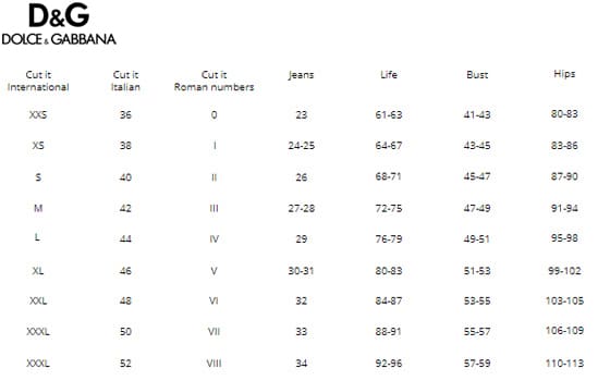 Dolce and gabbana discount pants size chart