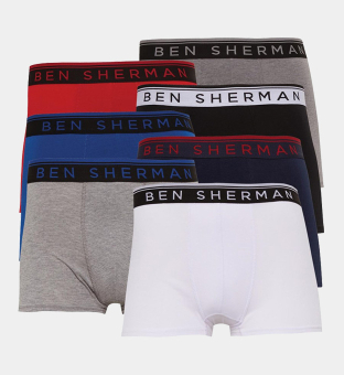 Ben Sherman 5 Pack Boxers Mens Black White Navy Charcoal Blue Red Light Grey Marl