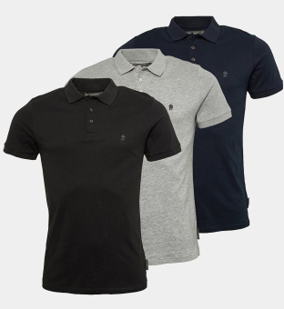 French Connection 3 Pack Polo Shirts Mens Black Light Grey Marl _Marine